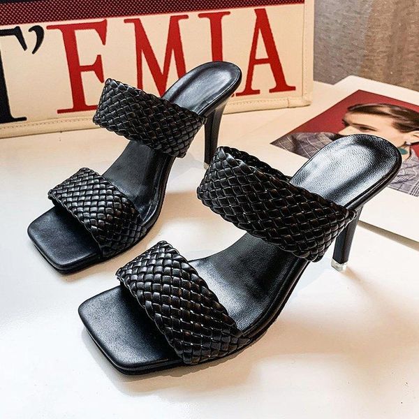 

2020 new woman shoes high heels slippers spring autumn outside dress party casual thin heels slippers women pu sandals, Black