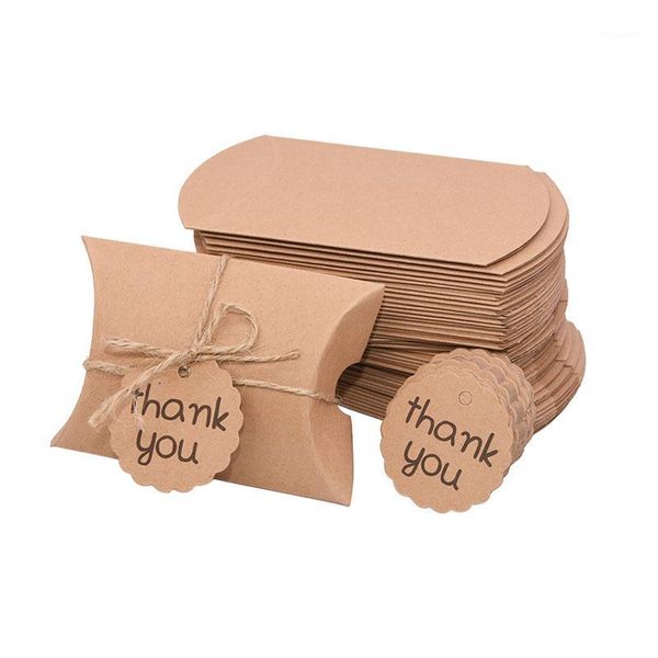 Brocada de presente 10pcs Caixa de papel Kraft com tags de agradecimento e pacote de pacote de pacote DIY de corda Caixas quadradas de forma de travesseiro1