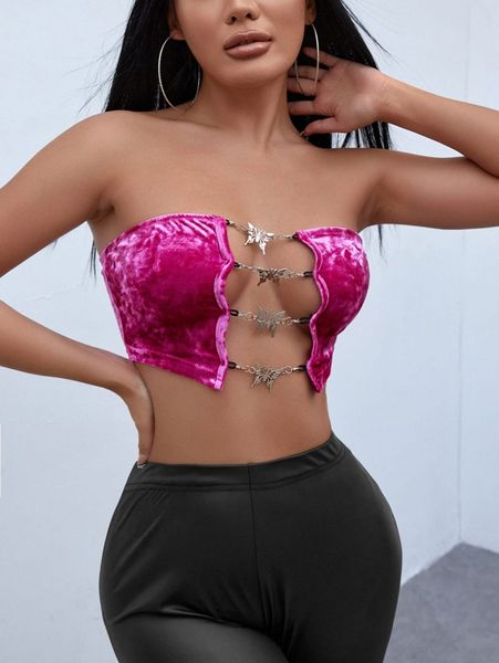 

butterfly chain detail crop velvet tube d5qp#, White
