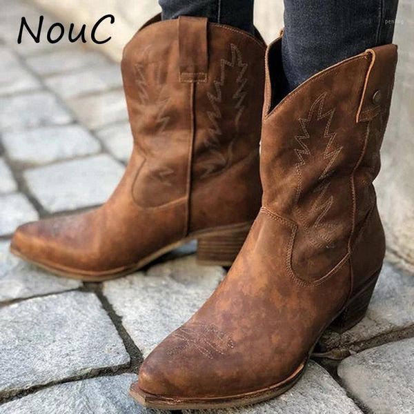 

nouc fashion embroidered western cowboy ankle boots for women leather cowgirl boots low heels shoes chunky heels woman1, Black