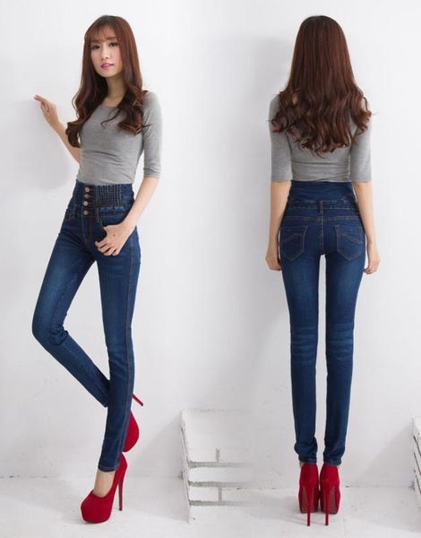 

new arrival women's breasted waist skinny jeans girls fahion high waist elastic pencil pants plus size trousers1, Blue
