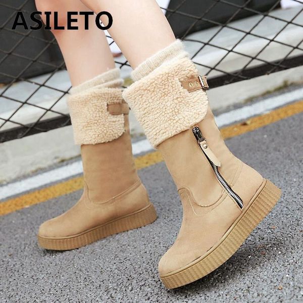 

asileto warm women snow boots wedge platform boots women buckle shoes woman winter shoes mid calf botas feminina s698, Black