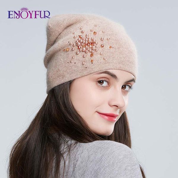 

enjoyfur winter knitted hats for women warm lining rhinestones beanies hat female brand new good quality angora caps, Blue;gray