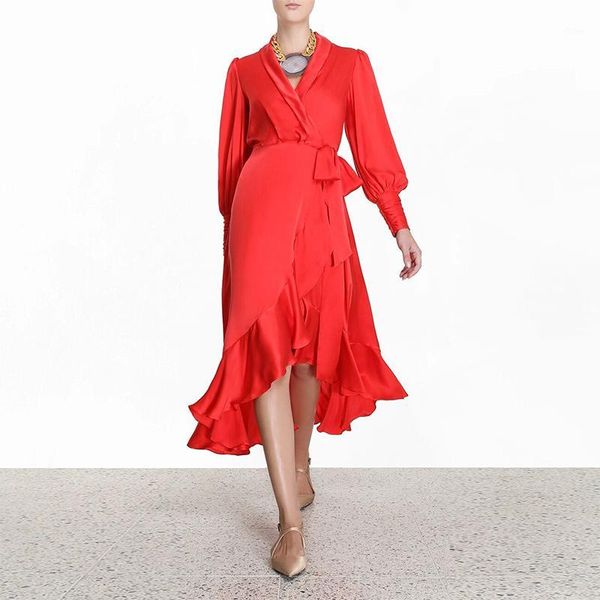 

gedivoen fashion runway spring autumn dress women v neck patchwork ruffles solid red asymmetrical dress party dresses1, Black;gray