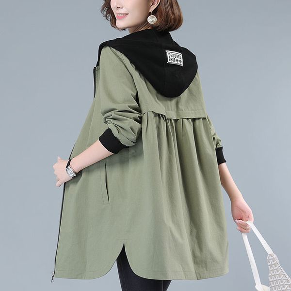 

women trench coat spring autumn medium medium length windbreaker zipper drawstring hooded coat clothes high waist outwear lj201128, Tan;black