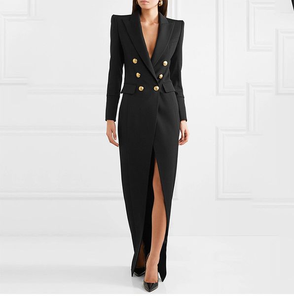 

12 2020 runway dress lapel neck a line mid calf long sleeve dress empire women clothes ym, Black