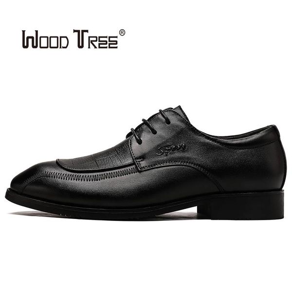 

woodtree genuine leather mens dress shoes formal business work male flats men's oxford shoes, Black