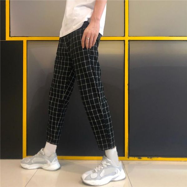 

streetwear korean fashion plaid block slim ankle pant summer thin sweatpant college student trouser elegant hiphop japanese kpop, Black;white
