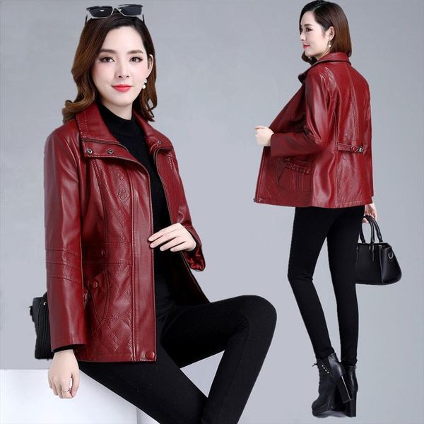 

large size 6xl 2020 spring and autumn new long womens leather jacket middle aged mother loaded leather coat female outerwear, Black
