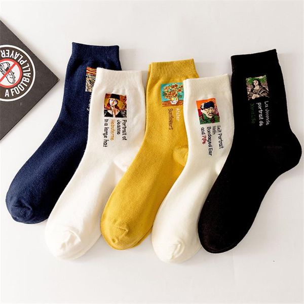 

socks & hosiery autumn and winter retro women's art gogh mural world famous painting harajuku creative men's sports casual funny, Black;white