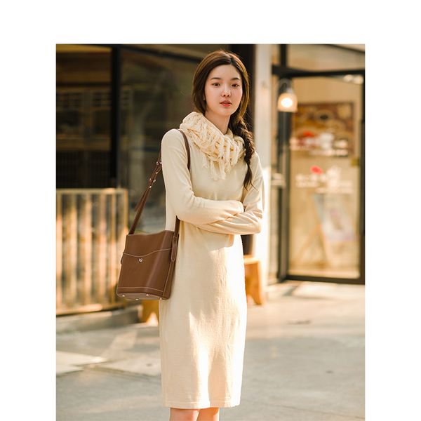 

inman 2020 autumn new arrival solid color simple design women knitwear dress, Black;gray