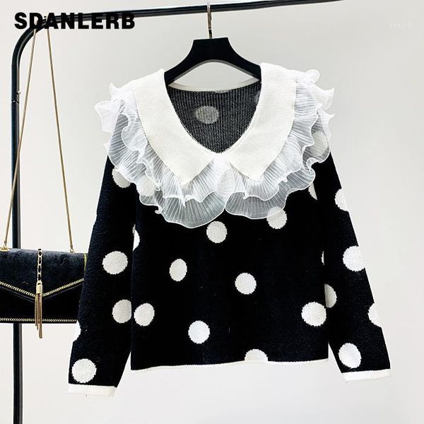 

lace stitching point sweater female autumn and winter 2019 new korean leaf edge knitted sweet doll collar sweater girls1, White;black