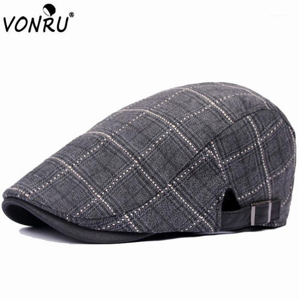 

Chic Adjustable Women Men Beret Cap Hats Sun Proof Casual Plaid Flat Caps for Men Outing Summer Cotton Peaked Visors Cap Hats1, Blue;gray