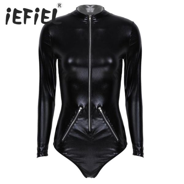 

women costumes patent leather zipper bodysuit stand collar long sleeve leotard dancing stage performance catsuit clubwear, Black;white