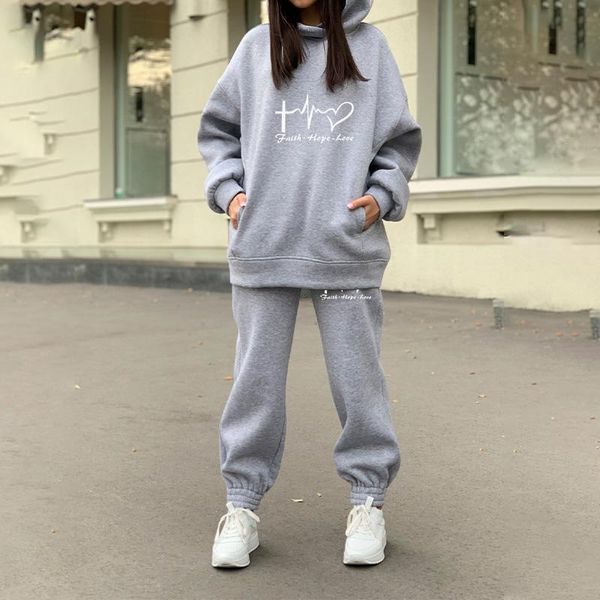 

women's tracksuits oversized heart print hoodie tracksuit set woman casual 2 piece sets pants and sweatshirt 2021 winter autumn streetw, Gray