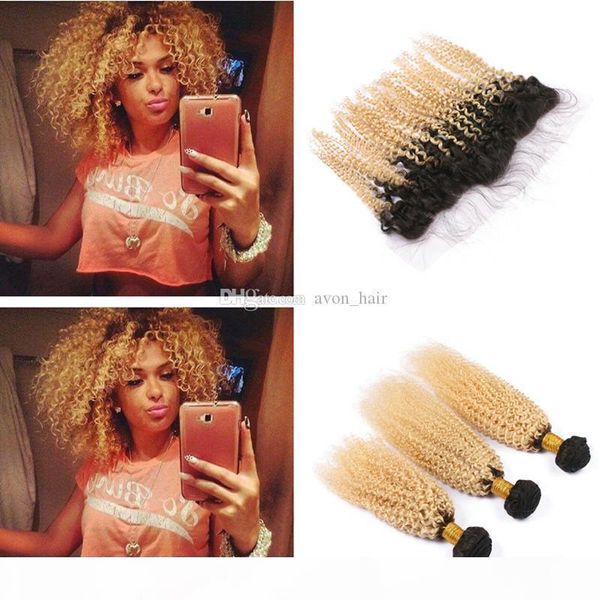 

ombre color blonde #1b 613 hair weft with frontal closure 13x4 dark root kinky curly hair bundles with lace frontal closure 4pcs lot, Black;brown