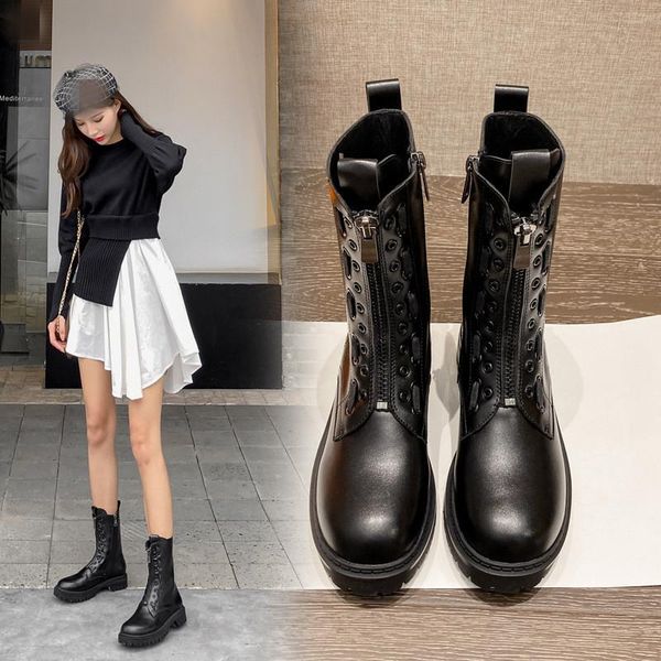 

woman flat boots zipper women's rubber shoes rain round toe booties ladies winter footwear low lolita rock autumn black