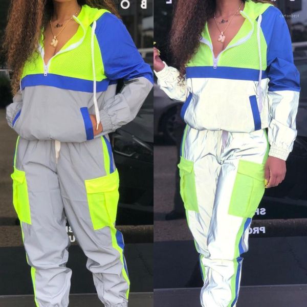 

two piece dress women tracksuits 2 set reflective zip crop jacket pants hip hop fashion female loose neon green coat trousers plus size1, White