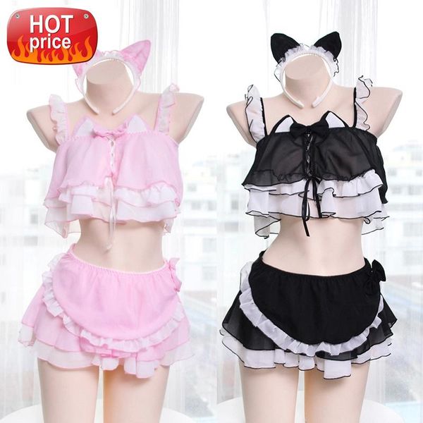 

lolita women anime lingerie set kawaii cat girls ruffles camisoles underwear set japan cosplay sleepwear night skirt #1n8d, Black;white