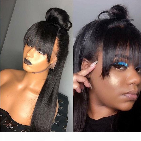 

13x6 lace front human hair wig with baby hair silk straight with bangs glueless peruvian fringe wig 360 lace frontal natural hairline, Black