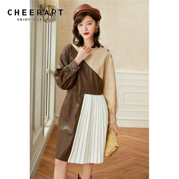 

cheerart vintage faux leather dress women autumn long sleeve patchwork pleated dress new arrival 2021 designer clothing, Black;gray