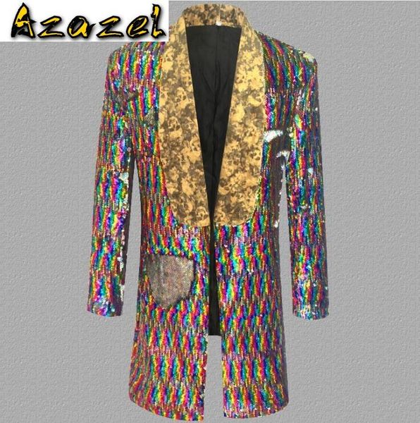 

new colours sequin fashion lapel dress korean stage wear jacket men sequin suit male singer personality trend costume s-5xl, White;black