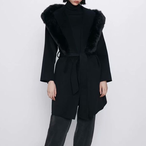 

2021 new autumn winter woolen women's solid big fur collar fashion women jacket belt long overcoat female casual wool coat bdfl, Black