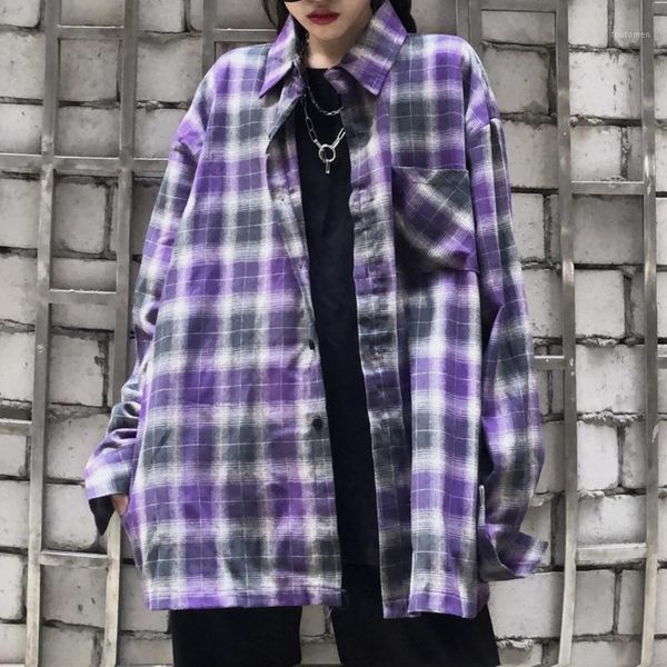 

korean streetwear purple plaid shirt women blouse oversize shirts 2020 harajuku bf style gothic hip hop autumn fashion 1, White