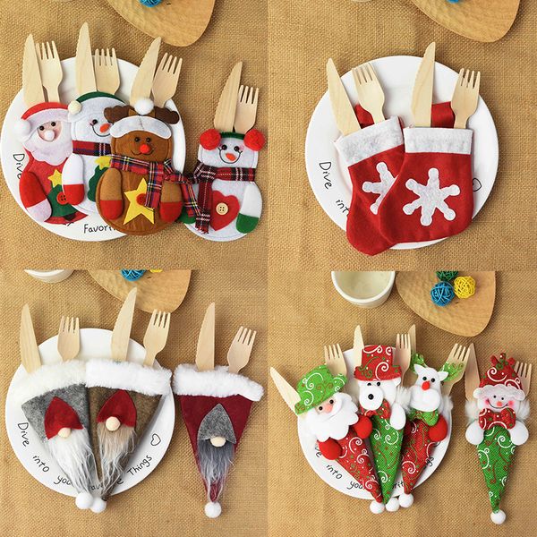 

christmas decoration santa snowman kitchen tableware holder bag fork knives pocket cover cutlery xmas party dinner table decor