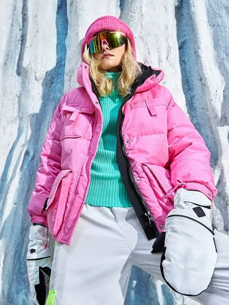 

buckle flap pocket zip up hooded puffer coat j3m2#, Black