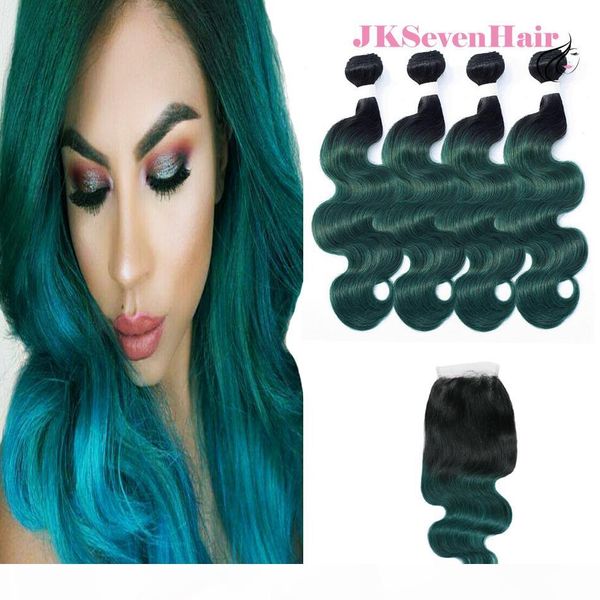

dark root dark green body wave malaysian virgin hair extensions 4pcs with 4x4inch lace closure 1b dark green peruvian brazilian hair weaves, Black