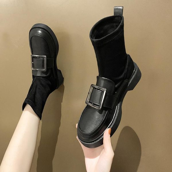 

rock shoes woman boots flat heel boots-women round toe rubber autumn ankle med stockings leather 2021 ladies solid rome, Black