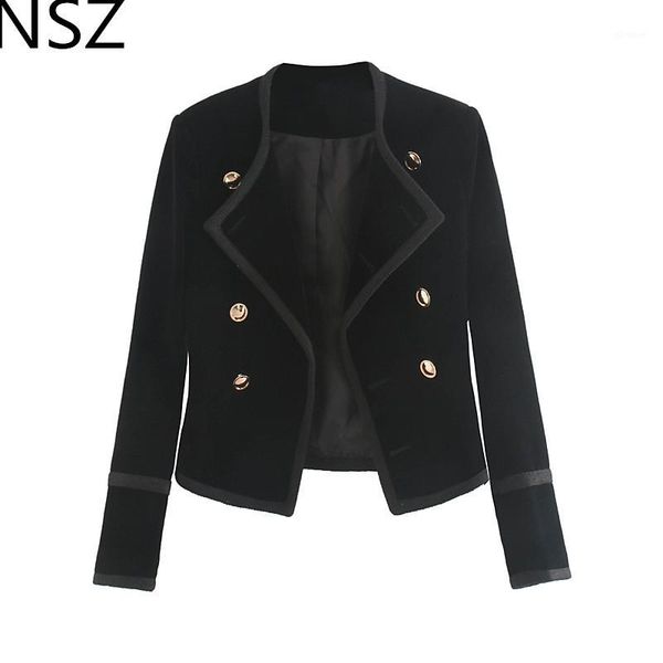 

nsz women black velvet cropped jacket long sleeve gold double breasted elegant short coat office work business outerwear1, Black;brown