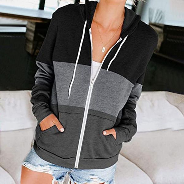 

hoodie women outerwear hoodies sweatshirts casual patchwork zipper long sleeve drawstring hooded sweatshirt pocket jacket, Black