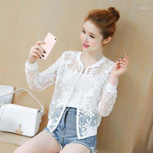 

2018 summer organza thin short jacket women embroidery lace women basic coats black white cardigan bomber jacket chaquetas c448711, Black;brown