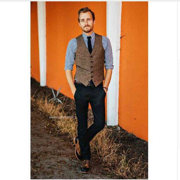 

men's vests brown wool herringbone tweed slim mens suit custom made sleeveless jacket wedding waistcoat ohyk, Black;white