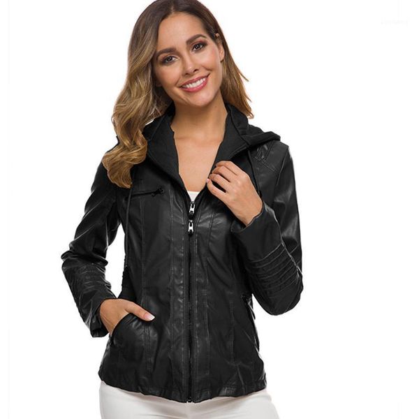 

slim pu faux leather jacket women hooded overcoat coat lapel removable zipper jacket classic oversize xs-7xl1, Black;brown