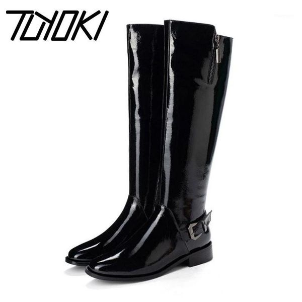 

tuyoki 2020 ladies genuine leather flats knee high boots pointed toe fashion retro winter knight boots footwear size 33-401, Black