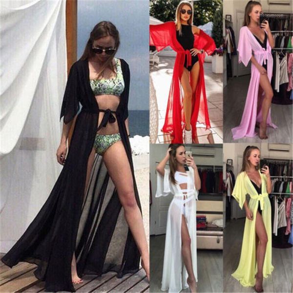 

women's swimwear summer lady beach cover up bikini 2021 chiffon long dress for women solid bathing suit tunic kaftan1, White;black