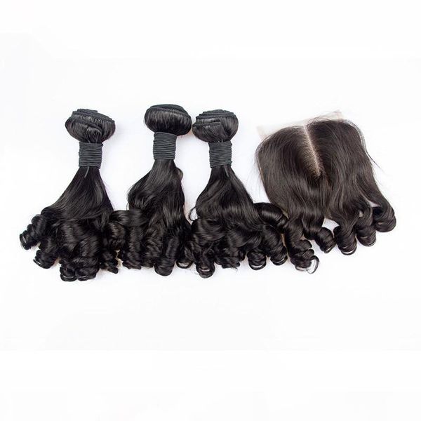 

virgin brazilian aunty funmi human hair weaves with 4x4 lace closure 4pcs lot romance curls funmi hair 3bundles with closure middle part, Black