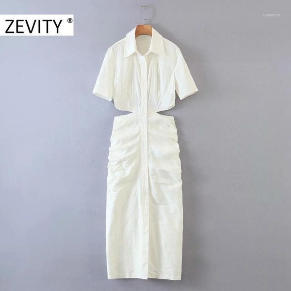 

zevity women waist cut off hollow out pleated slim shirtdress ladies short sleeve casual vestidos chic party dresses ds42431, Black;gray