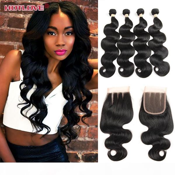 

ove hair brazilian virgin human body wave 4 bundles with lace closure 4x4 natural black unprocessed body wavy hair, Black;brown