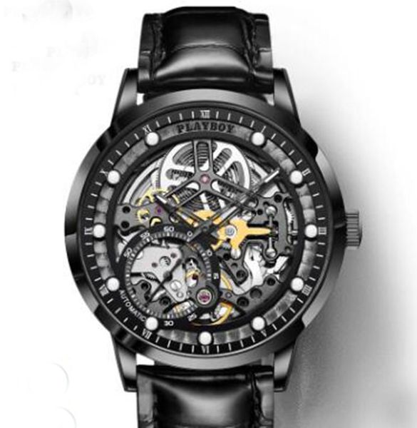 

hbp new style quartz movement 41mm full fuction white hollow dial men watch leather band ing, Slivery;brown