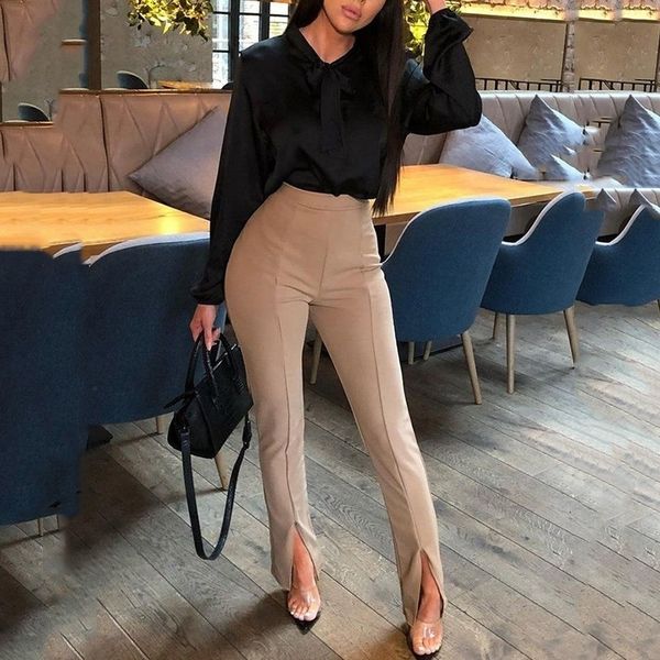 

high waist pants women trousers casual office lady front slit elastic waist pencil trousers ladies skinny pants workwear 201113, Black;white