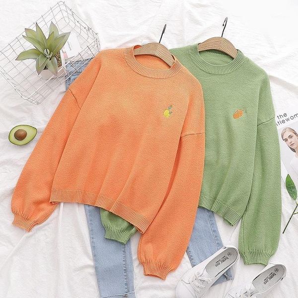 

winter women knitted o-neck sweater 2020 new autumn casual long sleeve loose fruit pattern elasticity pullovers sweater female1, White;black