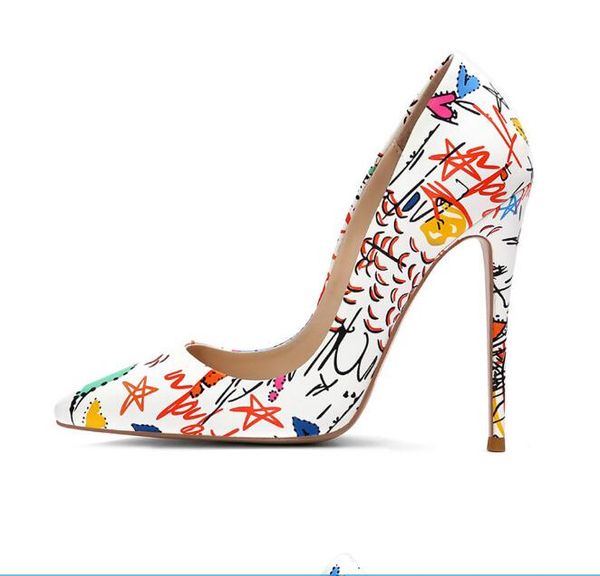 

12cm high heels fashion women thin heels hand-painted pointed women wedding shoes graffiti single shoes wedding shoe party bridal shoes, Black