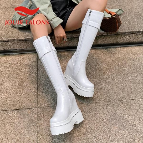 

boots jouir talons shoes brand genuine leather round toe zip suqare thick platform increase internal knee high, Black