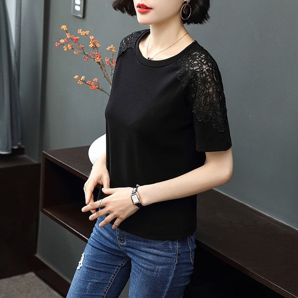 

short-sleeved t- 2020 summer new women's t- shirt loose hollow-out black sports women's half-sleeved shirt b0sez, White