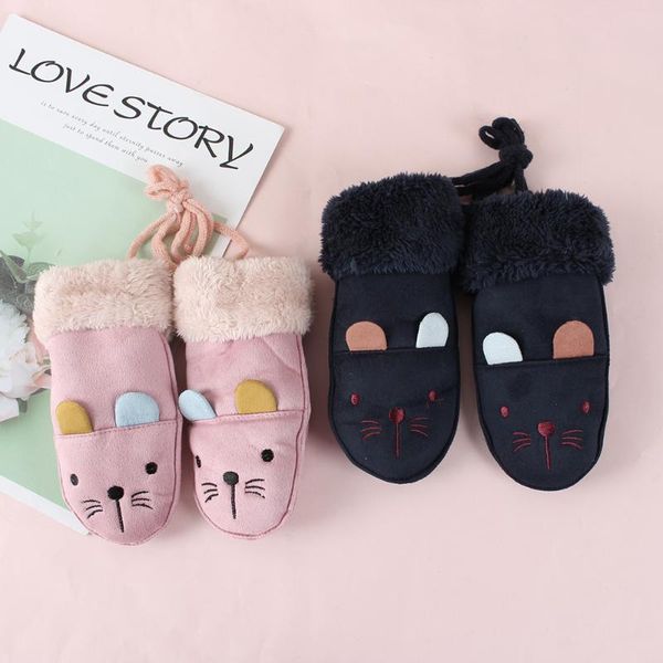 

cute korean style kids children' gloves winter warm velvet thick suede with fingers hanging neck rope bag, Blue;gray