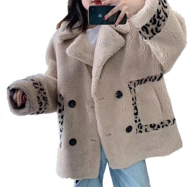 

sheep fur coat leopard winter jacket women thick warm pocket short fur coat1, Black